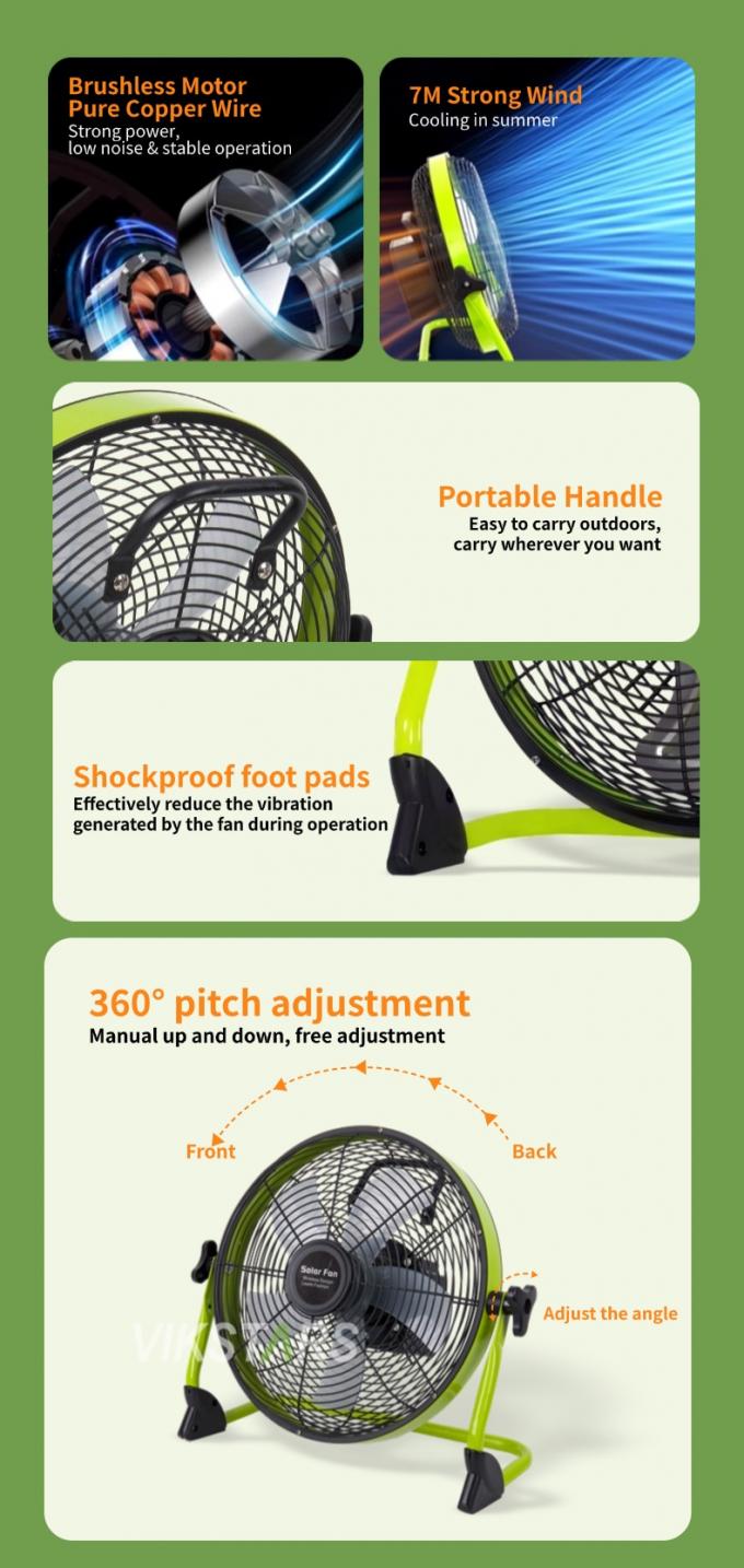 Εξωτερικός φορητός ανεμιστήρας επαναφορτιζόμενος οικιακός έκτακτης ανάγκης 12 ιντσών 14 ιντσών ηλιακός ανεμιστήρας δαπέδου ήσυχος ανεμιστήρας ηλιακής ενέργειας 8